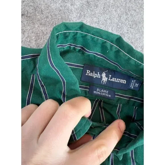 VTG 90s Ralph Lauren Blaire Stripe Button Down Shirt Mens M Green Patched Preppy - Picture 5 of 7